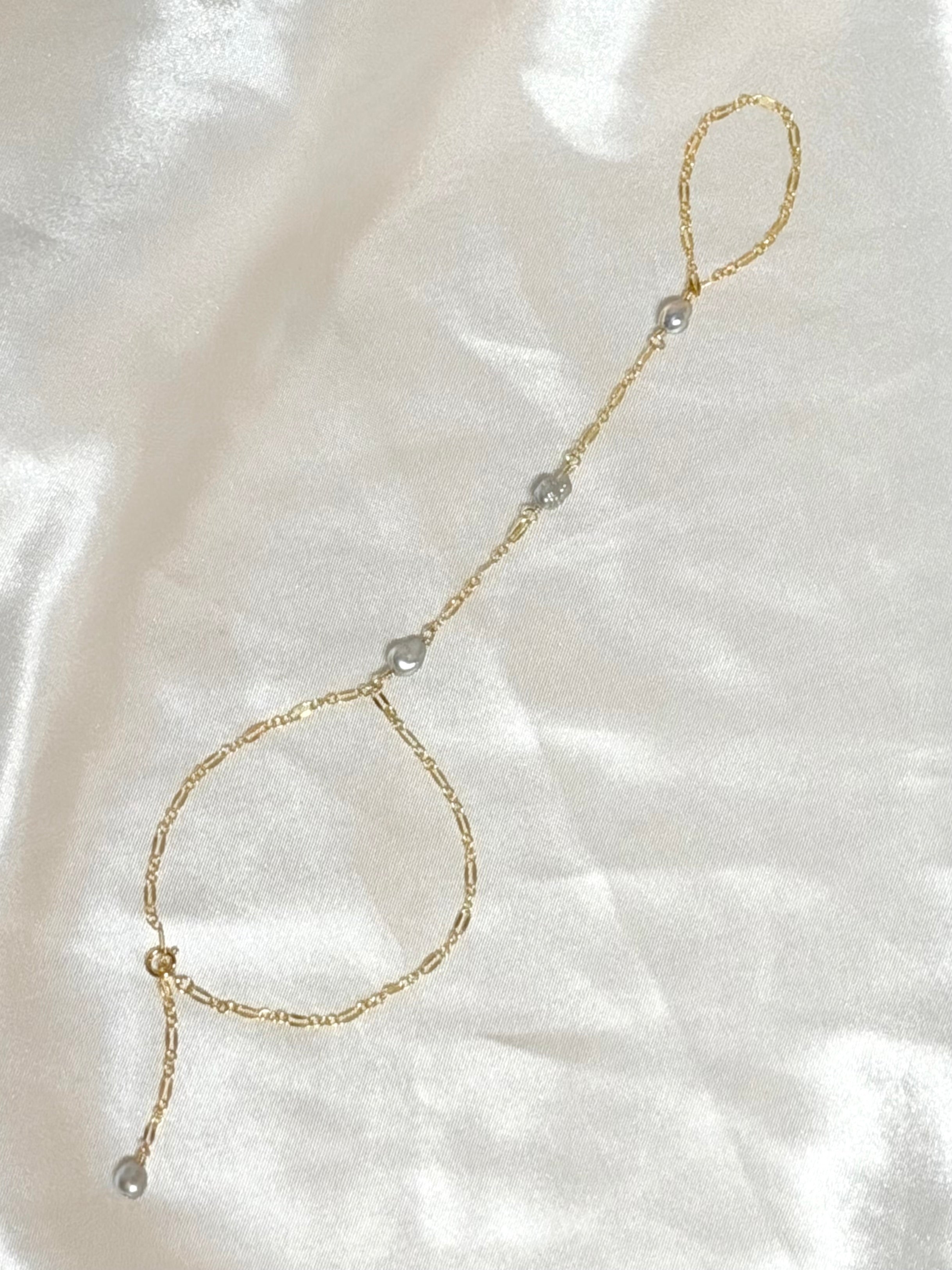 Gray keshi pearl hand chain bracelet on 14k gold filled chain
