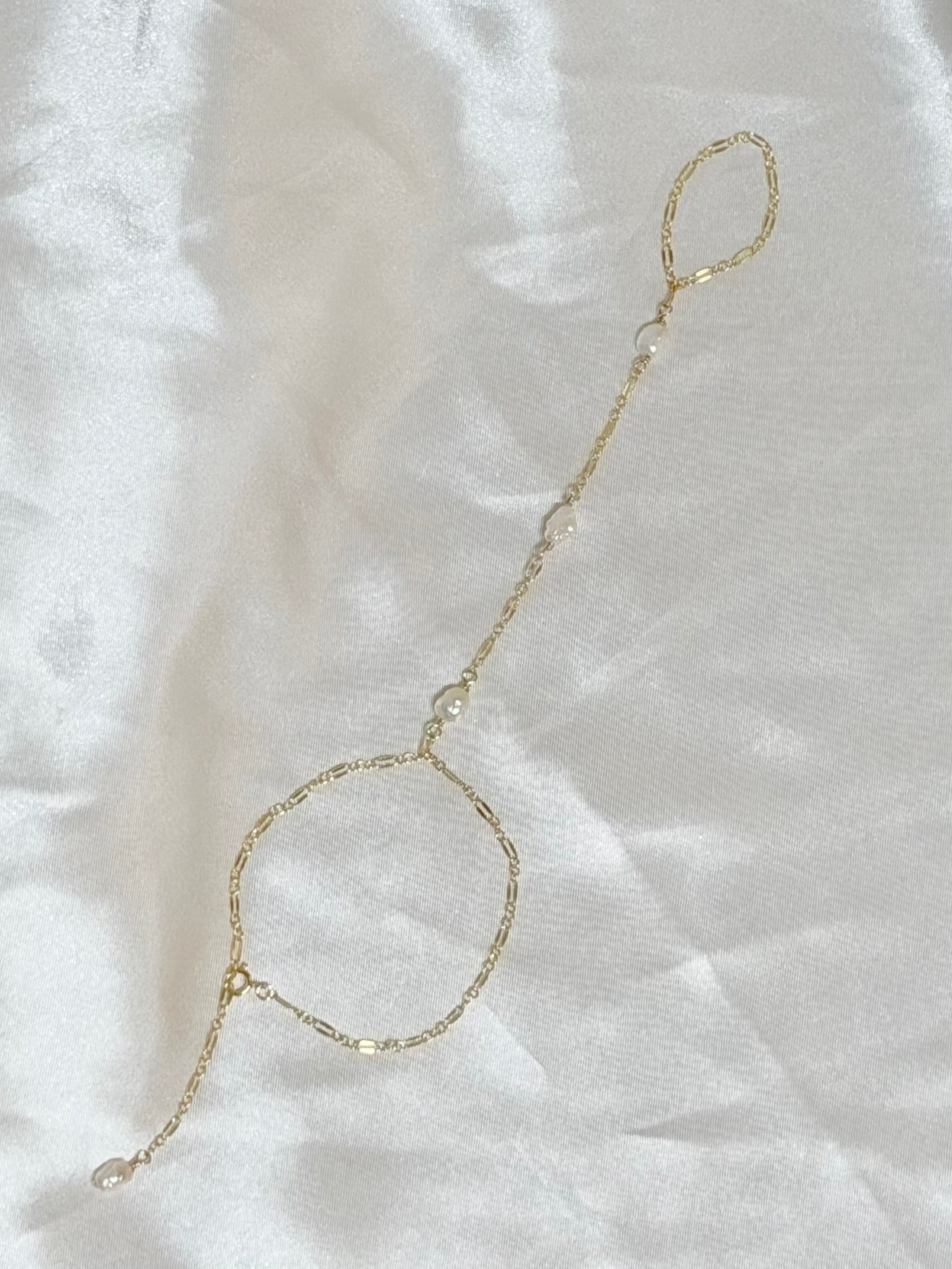 White keshi pearl hand chain bracelet on 14k gold filled chain