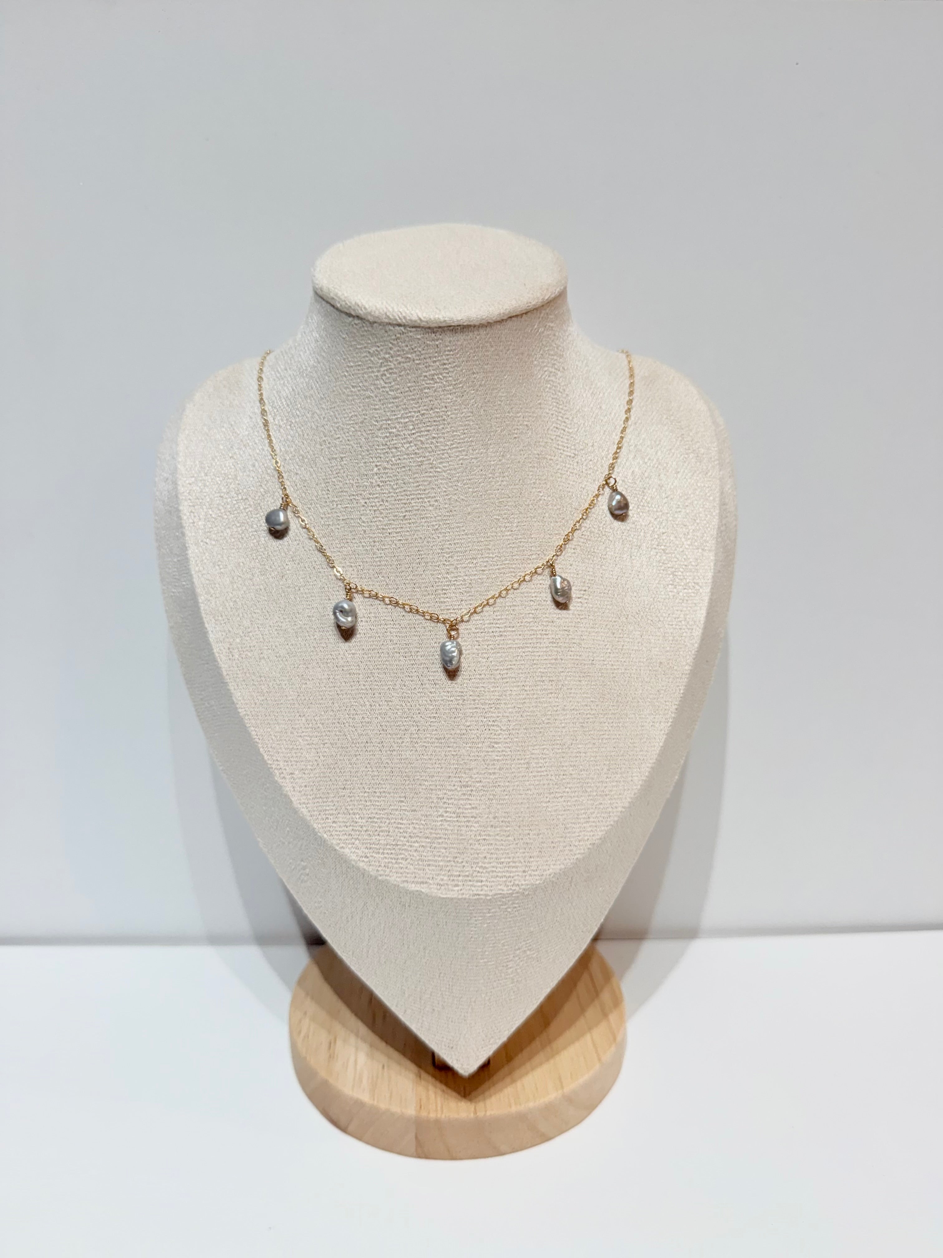 kaiaulu keshi pearl necklace with five gray baroque pearls suspended on delicate gold chain