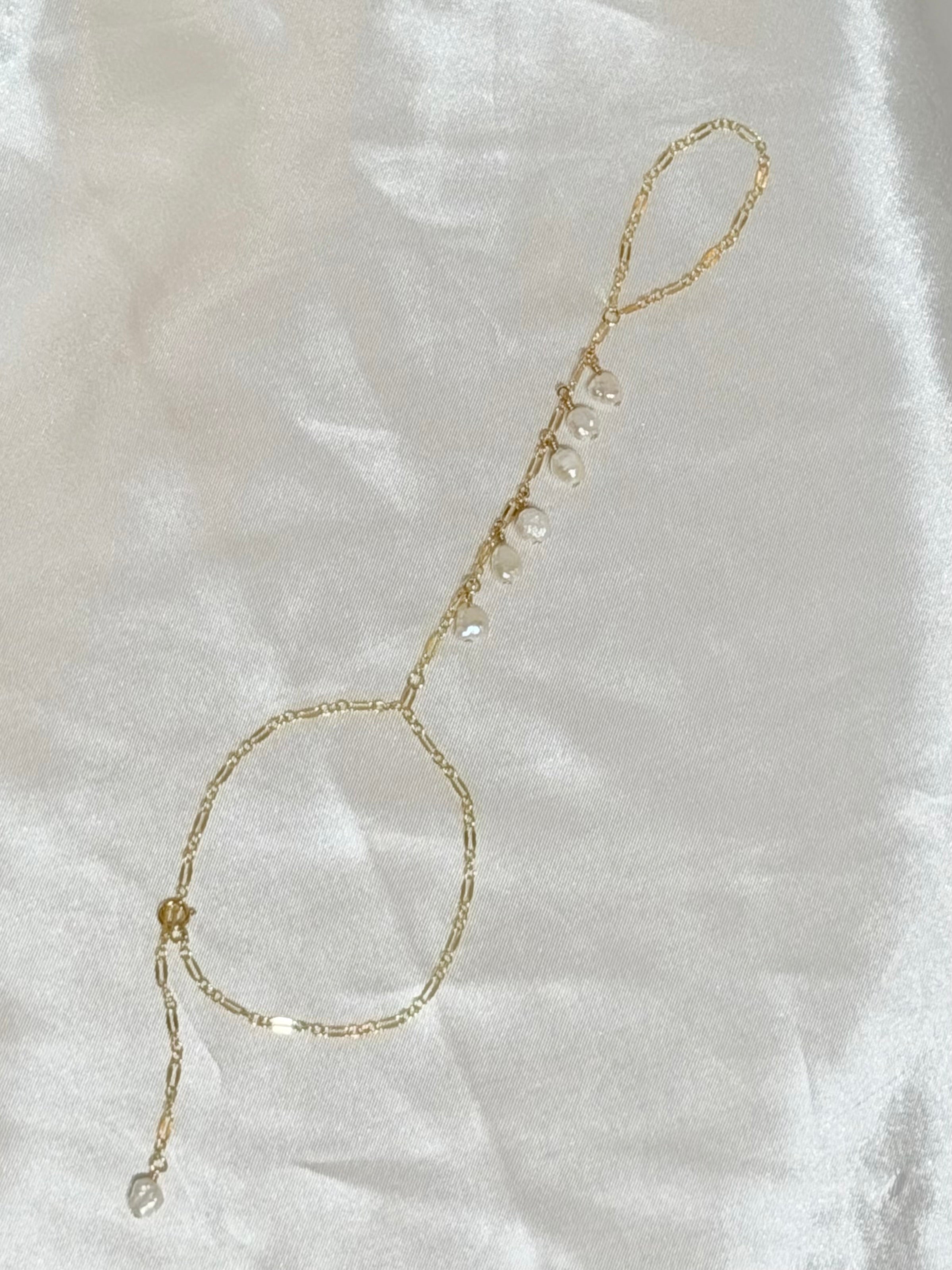 White keshi pearl hand chain bracelet on 14k gold filled chain